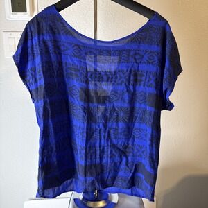 5th Culture Women's Royal Blue Aztec Print Top with Black Elastic Detail Size L